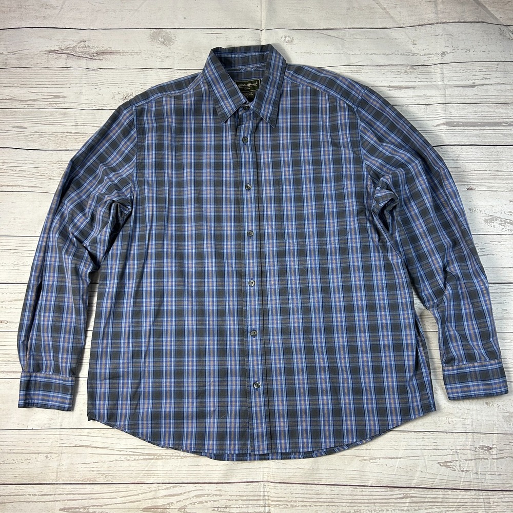 Eddie Bauer Flannel Shirt Blue Plaid Button Up Long Sleeve Men's Size‎ Large